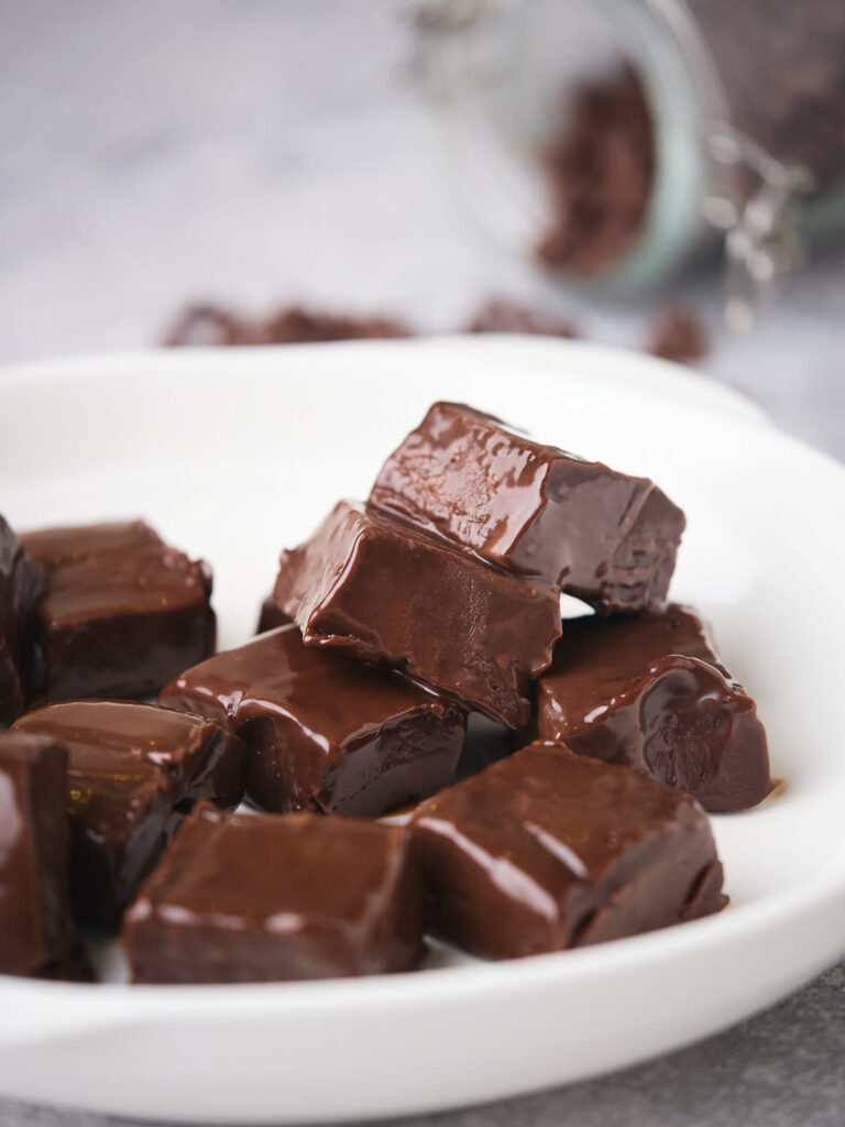 A white plate with several pieces of chocolate-covered fudge.