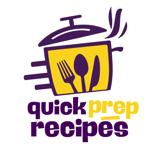 Logo for "Quick Prep Recipes" featuring a purple and yellow color scheme, a cooking pot with steam, and fork, spoon, and knife icons inside the pot.