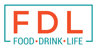Logo with large red letters "FDL" above the words "Food โข Drink โข Life" in teal. The design, reminiscent of quick prep recipes, is encased in a teal rectangular border.