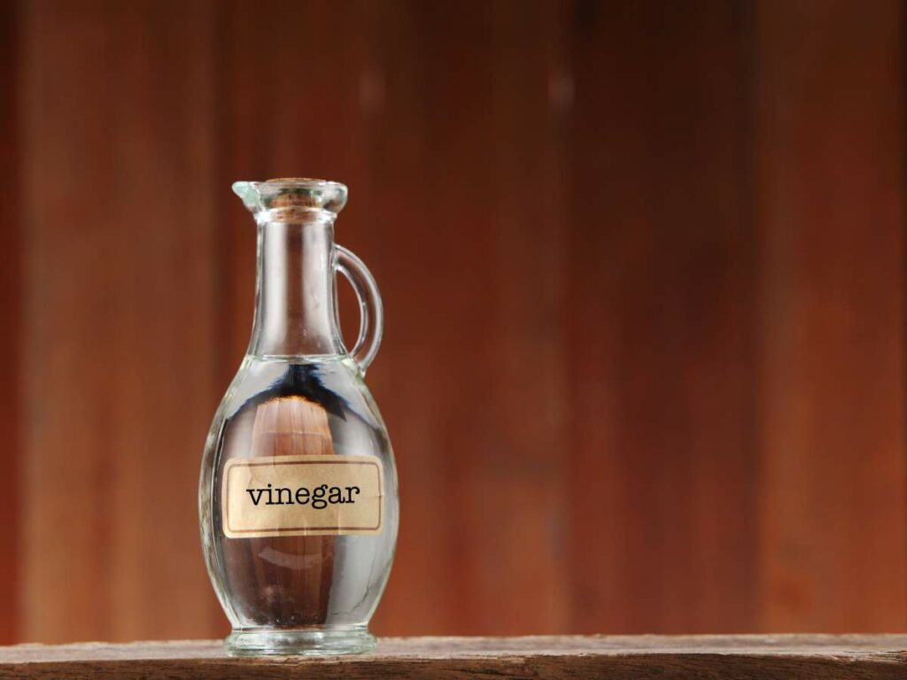 A glass bottle labeled "vinegar" is placed on a wooden surface against a brown background.