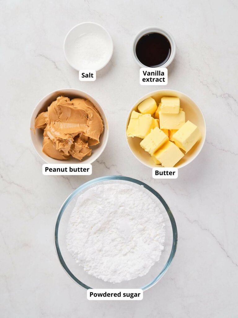 Ingredients for peanut butter fudge are displayed, each labeled.