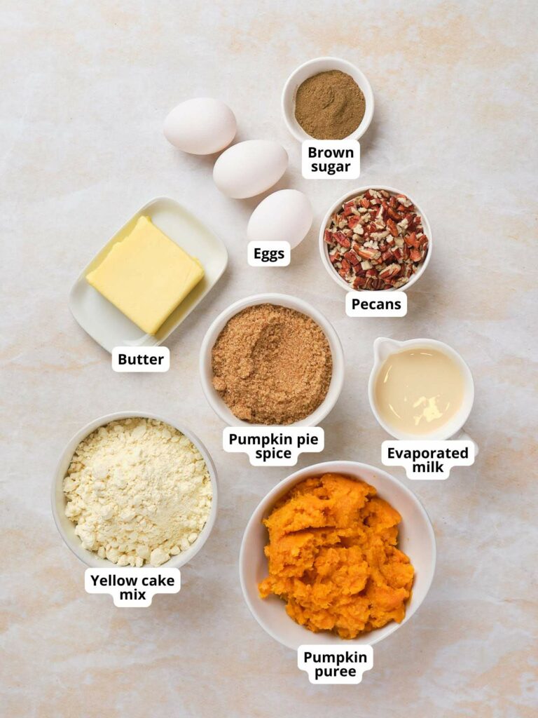 Ingredients for pumpkin dump cake laid out on a surface.