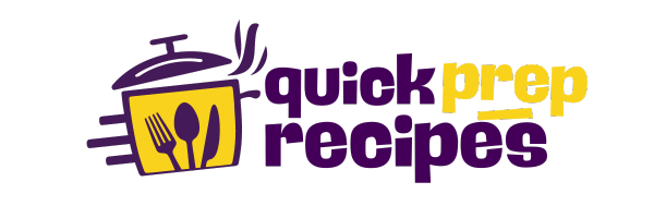 Logo of "Quick Prep Recipes" featuring a stylized yellow cooking pot with steam lines, a fork, and a spoon, accompanied by purple and yellow text.