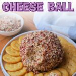 A round cheese ball covered in chopped nuts is on a white plate, surrounded by crackers.