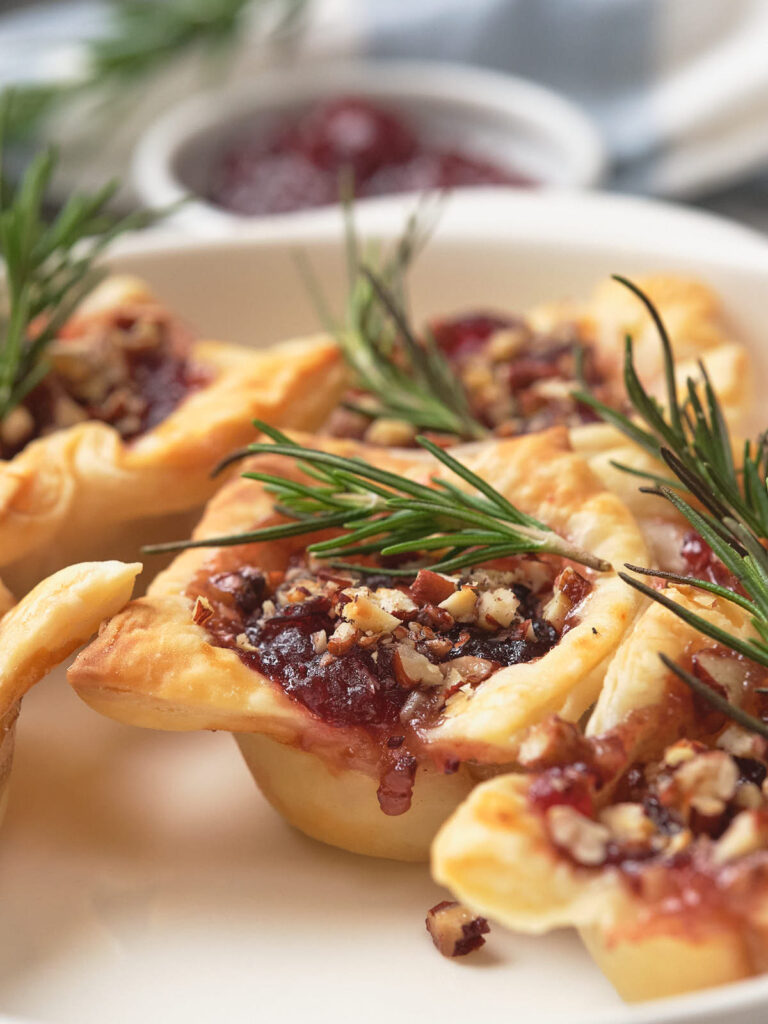 Close-up of brie bites garnished with fresh rosemary sprigs on a white plate.