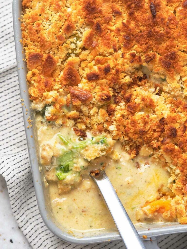 Broccoli casserole with creamy filling and golden breadcrumb topping.