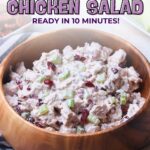 A wooden bowl filled with cranberry chicken salad, featuring diced celery and cranberries.