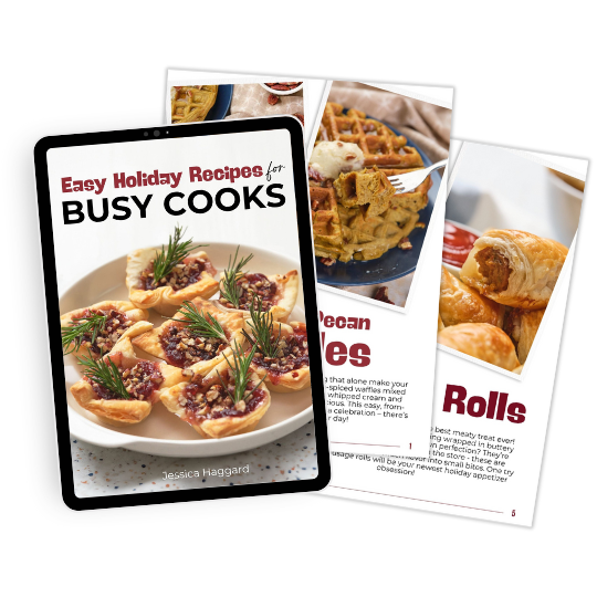 Image of a cookbook titled "Easy Holiday Recipes for Busy Cooks" by Jessica Haggard. It includes images of pecan treats, rolls, and waffles.