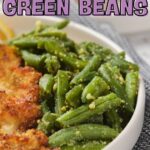 Text on image: Quick & Tasty Frozen Roasted Green Beans. Website: quickpreprecipes.com.