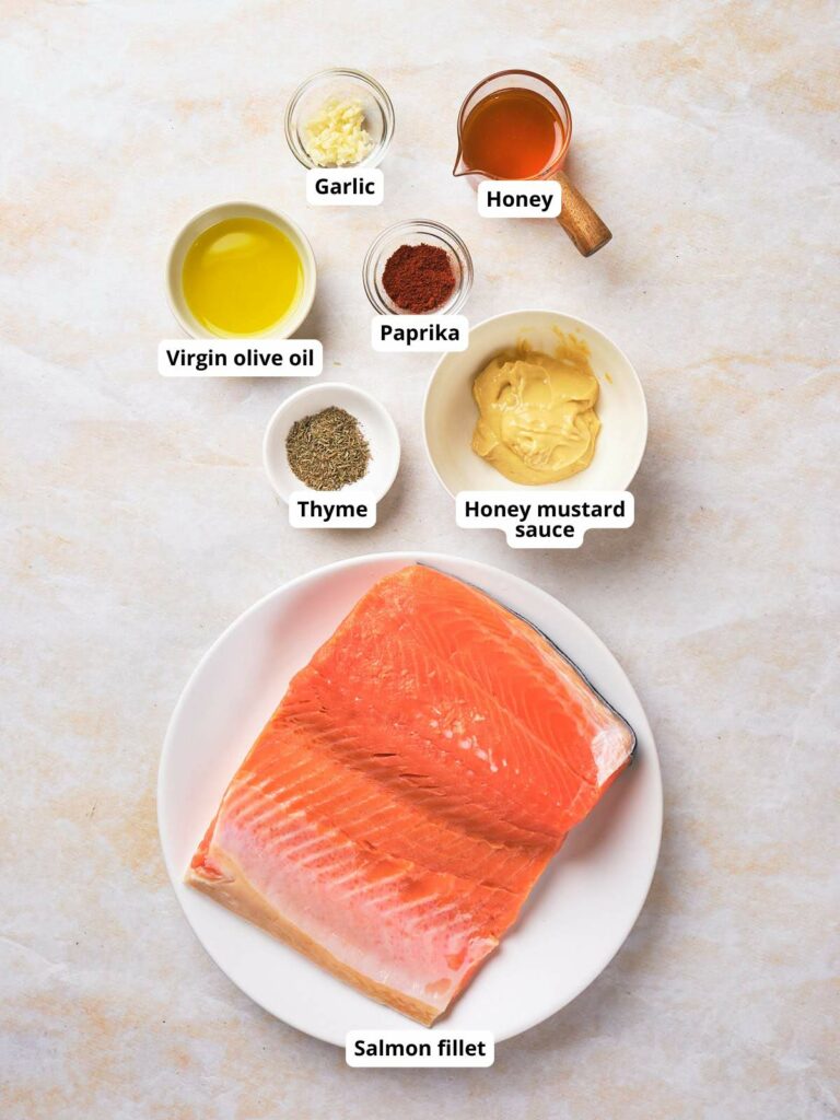 Overhead view of ingredients for honey mustard salmon.