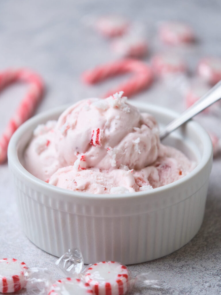 A bowl of peppermint ice cream with crushed candies on top.