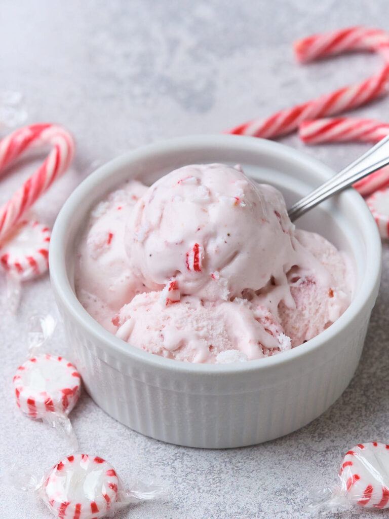 A bowl of peppermint ice cream with visible candy pieces.