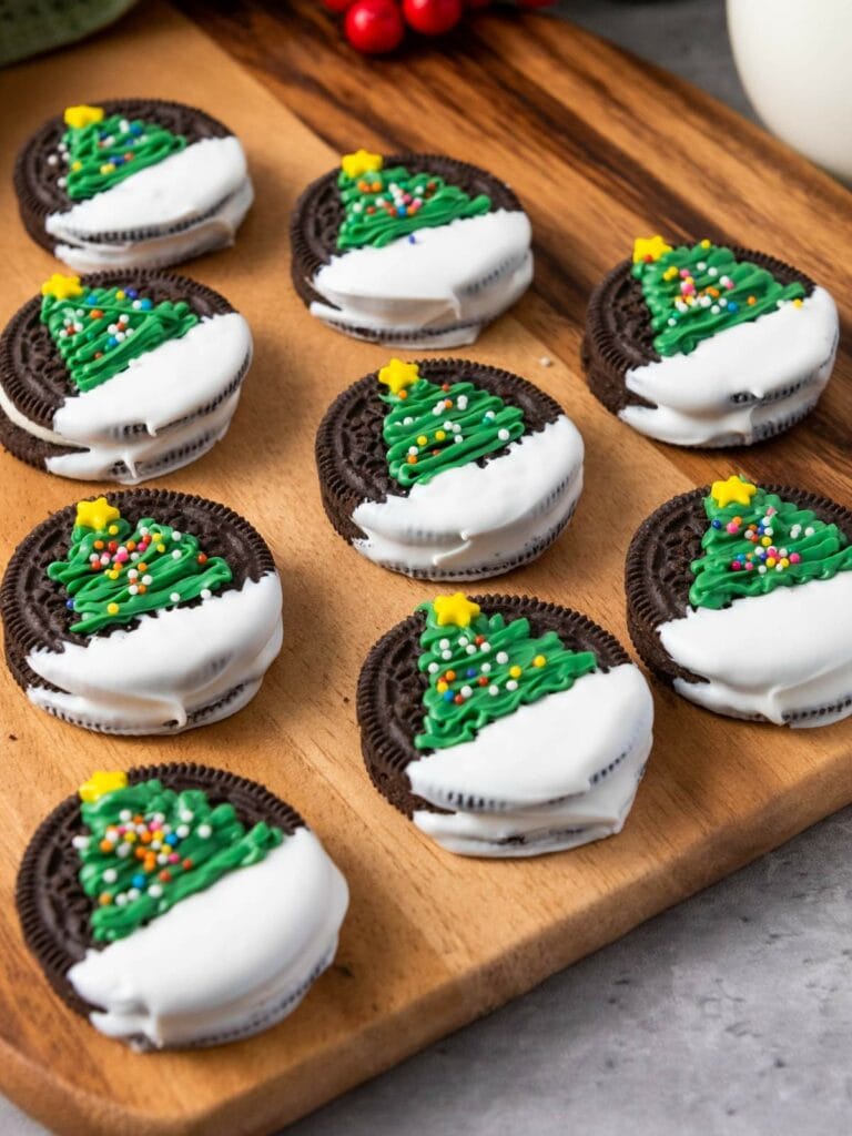 Nine Oreo cookies on a wooden board, with green icing Christmas tree decorations and colorful sprinkles.