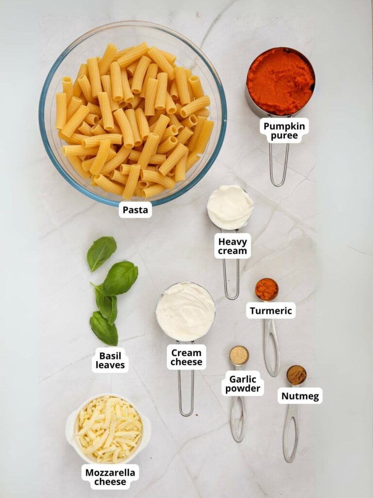 Top view of pasta ingredients: pasta, all labeled on a white surface.