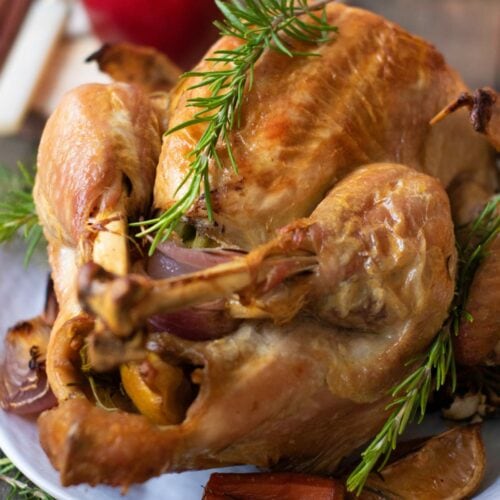 Roasted chicken garnished with rosemary on a white plate, with cooked vegetables and a red apple in the background.