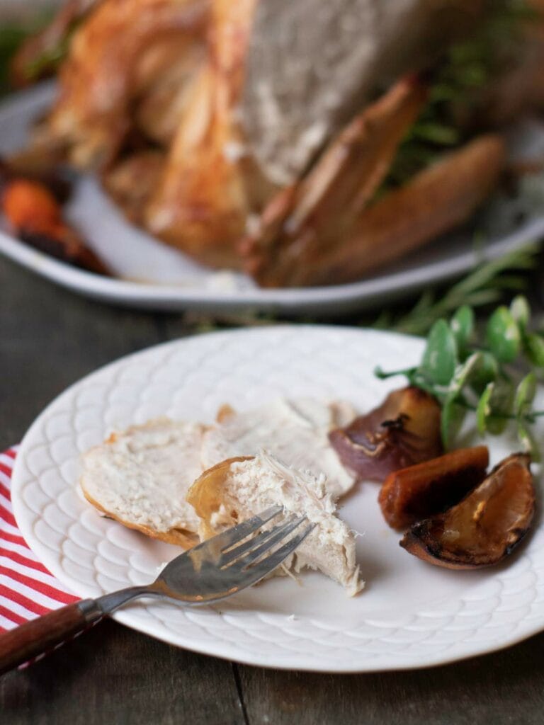 A plate with slices of turkey, roasted onions, and sage.