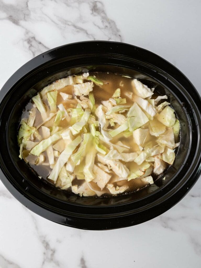 Slow cooker filled with chicken soup, cabbage, and broth.