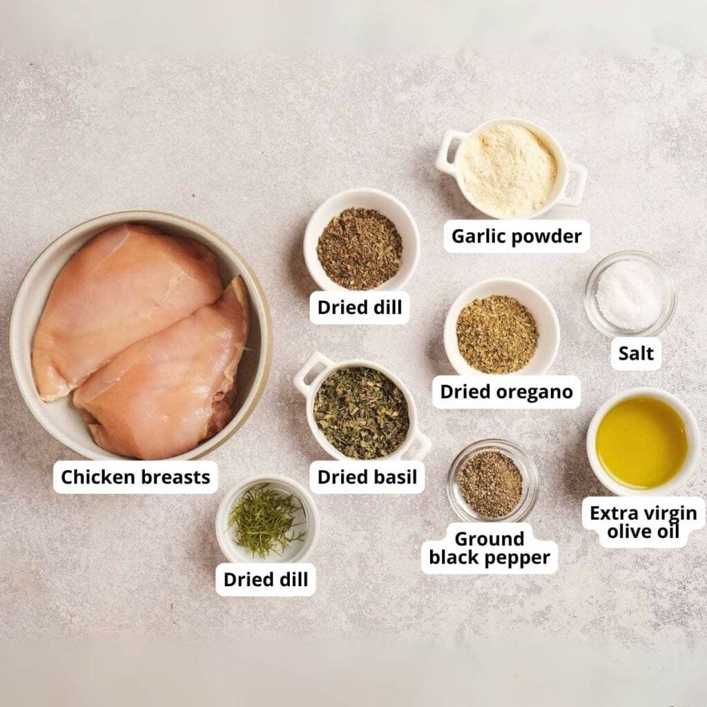 Ingredients for herb crusted chickenl on a countertop.