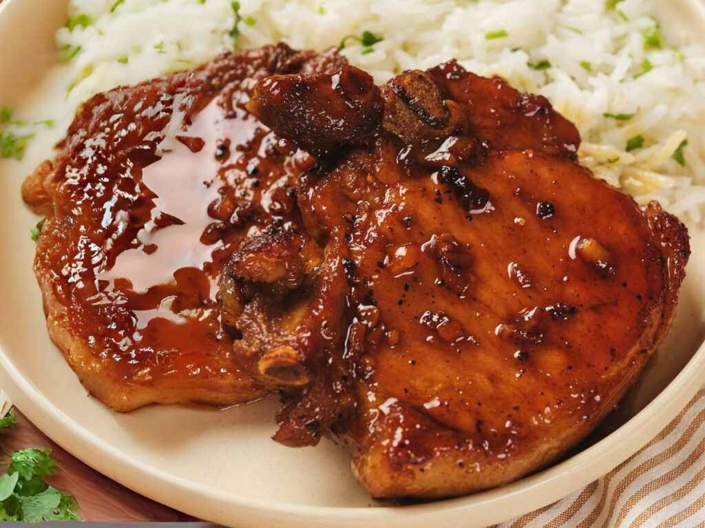 Two honey glazed pork chops with a rich brown sauce, served alongside a portion of white rice on a beige plate.