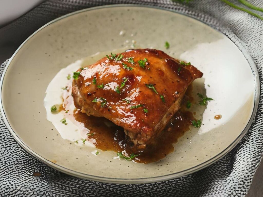 A piece of apricot chicken garnished with green herbs on a white plate.