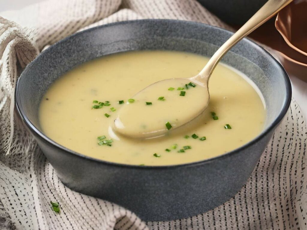 A bowl of creamy potato and leek soup with chopped chives on top. A spoon rests in the bowl. The bowl sits on a textured gray cloth.