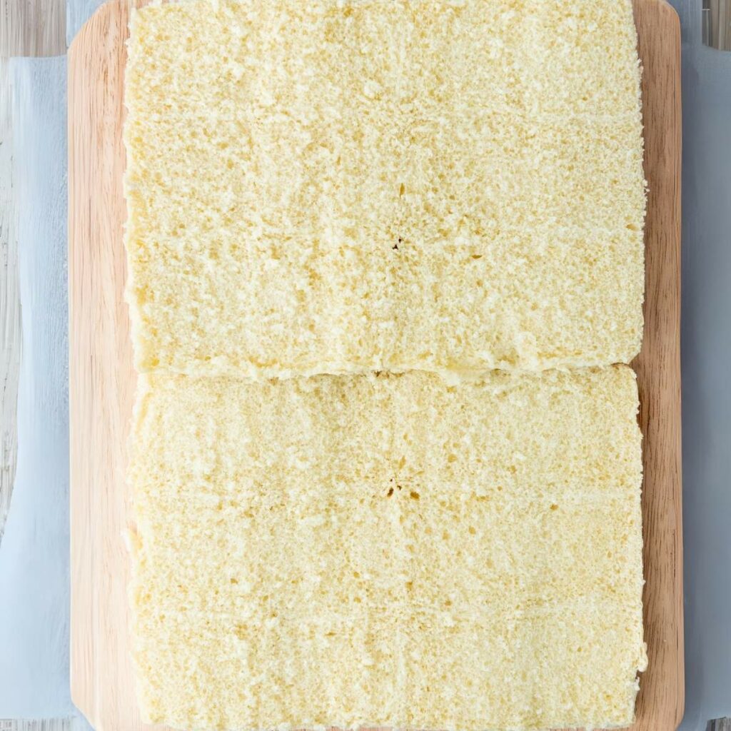 Two layers of plain sponge cake on a wooden board.