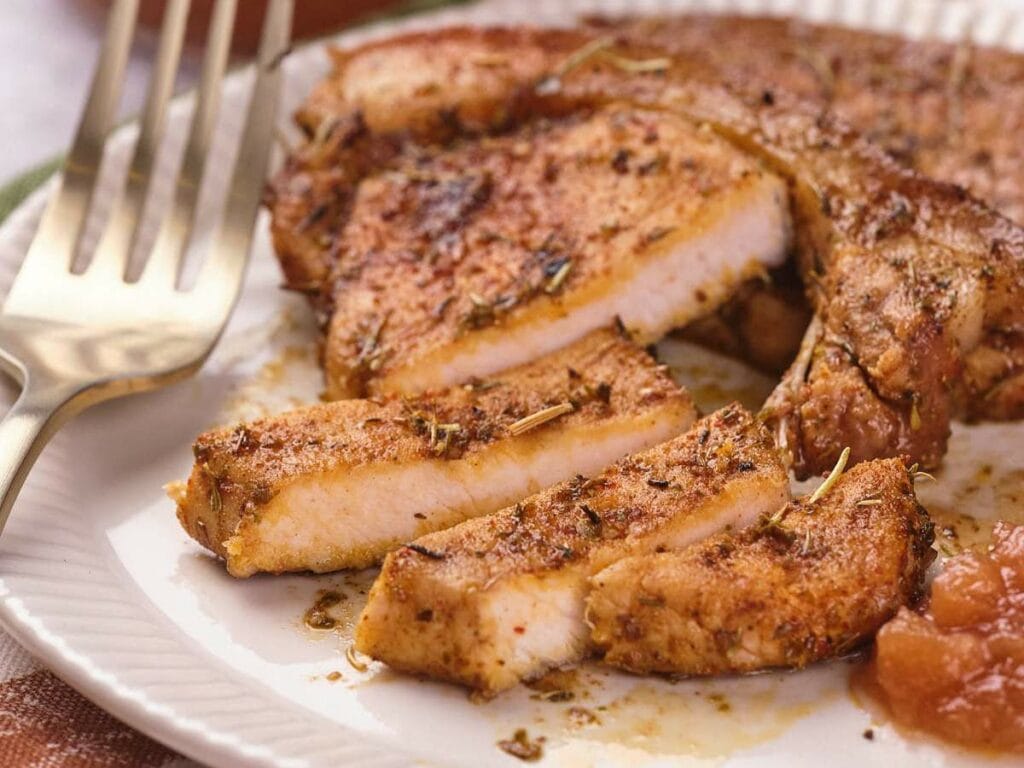 Sliced seasoned pork chop on a white plate with a fork beside it and a small serving of applesauce.