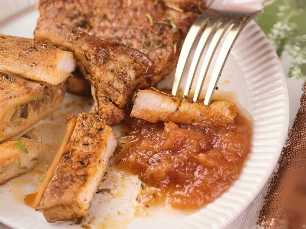 A fork holds a slice of seasoned pork chop above a serving of applesauce on a white plate.
