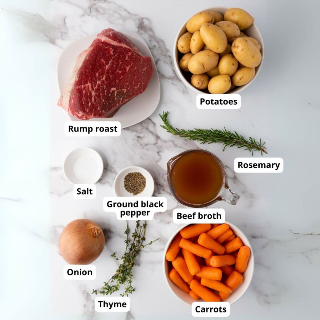 A marble countertop displays labeled ingredients for rump roast.