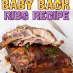 Two pieces of cooked baby back ribs garnished with chopped herbs on parchment paper, with text promoting a slow cooker ribs recipe above.