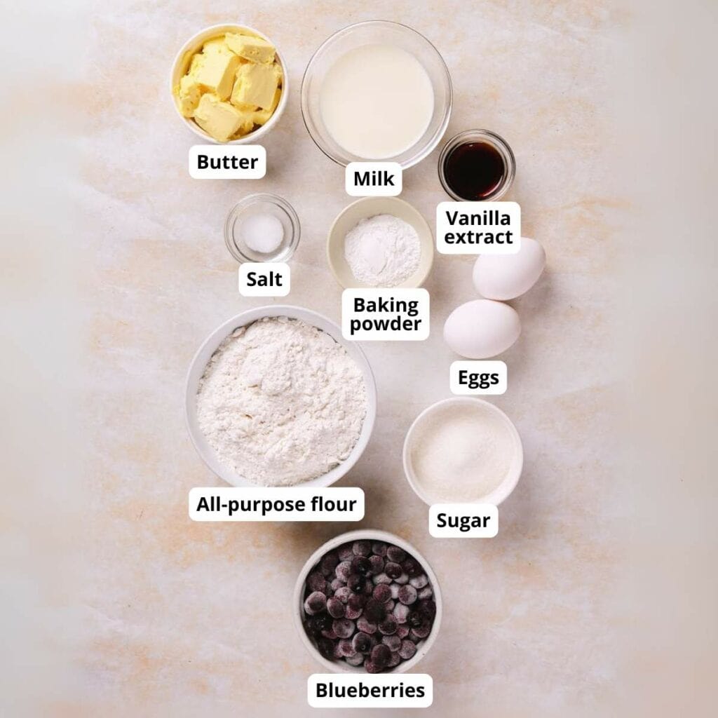 Overhead view of labeled baking ingredients.