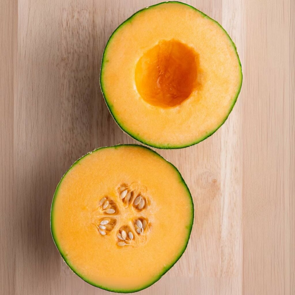 Two halves of a cantaloupe melon.