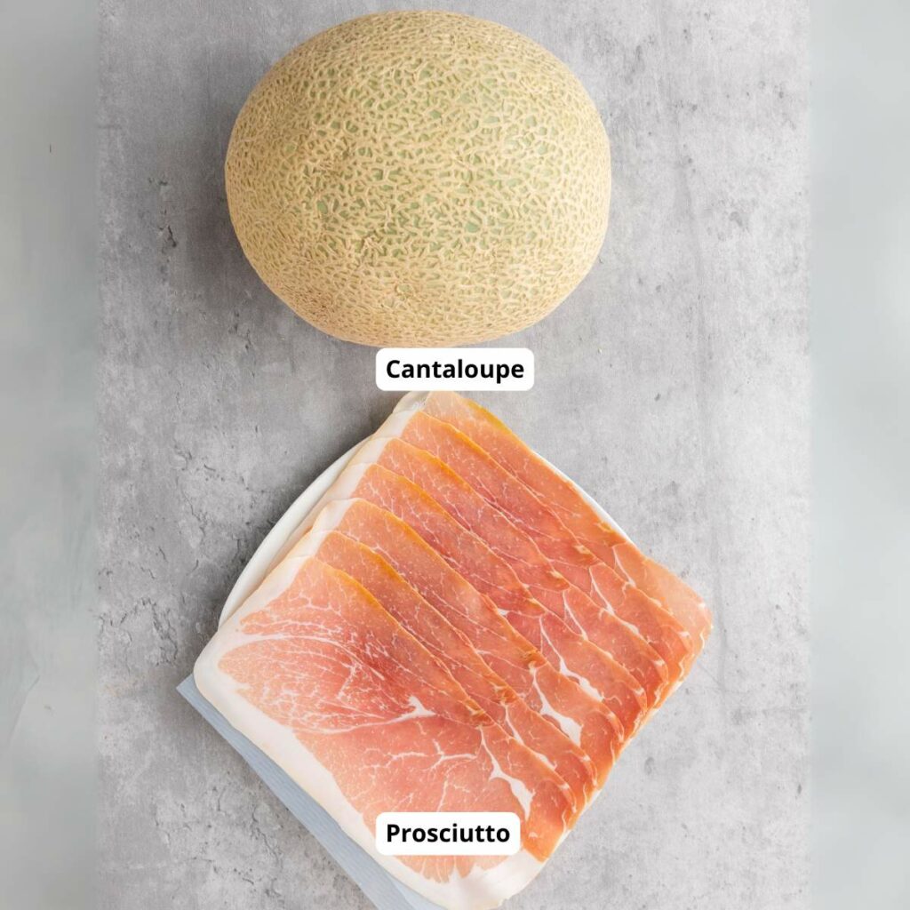 A whole cantaloupe and a package of thinly sliced prosciutto.