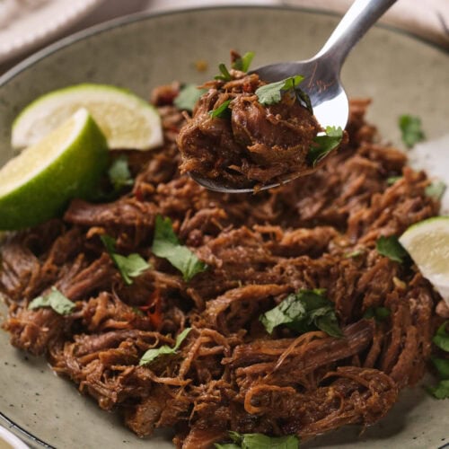 A bowl of barbacoa garnished with chopped cilantro and lime wedges, with a spoon lifting a portion from the plate.