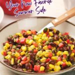 A colorful salad in a white bowl with a text read "Fresh, Easy & Flavor-Packed Black Bean Salad" and website quickpreprecipes.com.