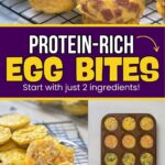 A wire rack and tray display egg bites made with two ingredients. Text highlights the recipe and website quickpreprecipes.com.