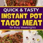 Collage showing cooked taco meat in a pot, a serving of taco meat on a plate, and small bowls with various ingredients.