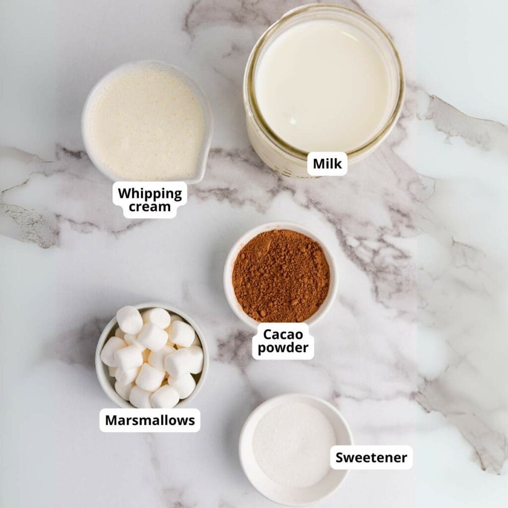 Ingredients for chocolate milk are arranged in white marble surface; all labeled.