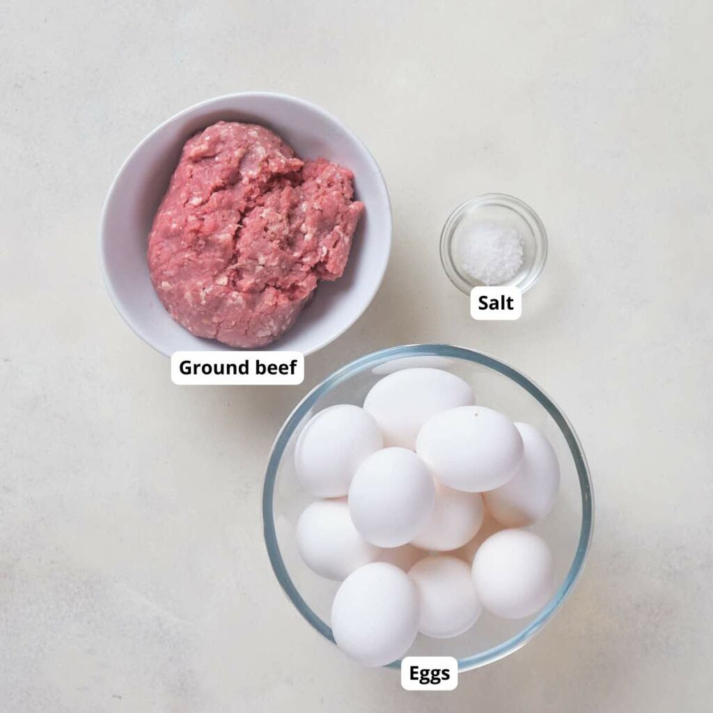 Ingredients for ground beef egg bites, simply using eggs, ground beef, and salt.