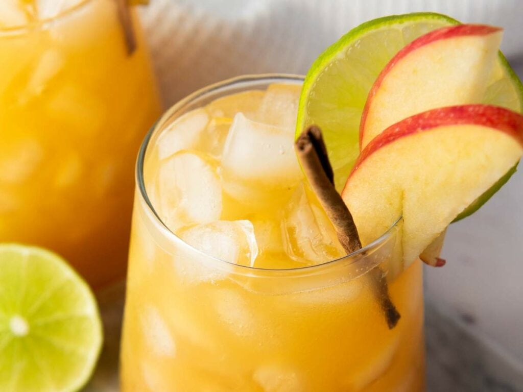 A close-up look of orange drink with ice, garnished with lime and apple slices, and a cinnamon sticks.