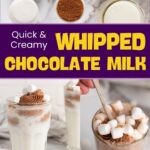 Ingredients for whipped chocolate milk with two glasses of the finished drink garnished with whipped cream and marshmallows.