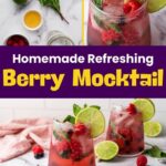 Two glasses of berry mocktail with lime slices, mint leaves, and berries on a table, ingredients visible nearby.