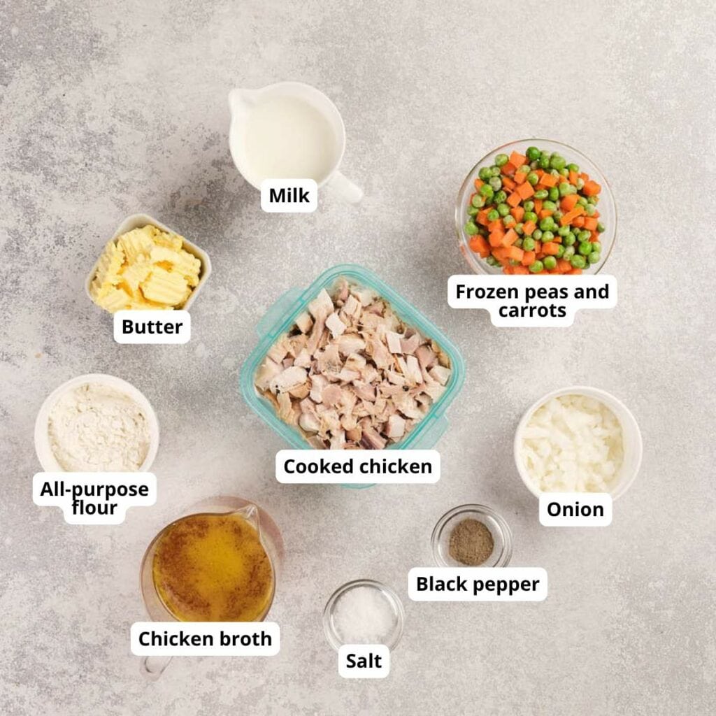 Top-down view of ingredients for a chicken pot pie dish; each labeled.
