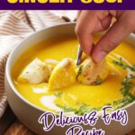 A hand dips bread into a bowl of carrot ginger soup, with text promoting an Instant Pot recipe from quickpreprecipes.com.