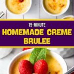 Three bowls of creme brulee, one garnished with raspberries and mint.