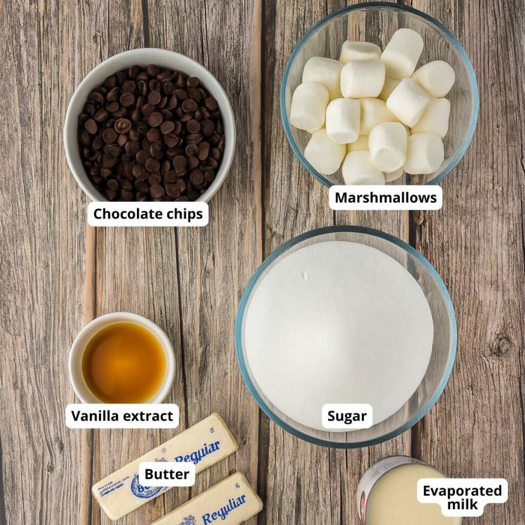 Bowls containing chocolate chips, marshmallows, sugar, vanilla extract, butter sticks, and a can of evaporated milk.