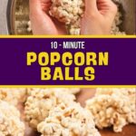 Hands forming popcorn balls above a bowl; several finished popcorn balls arranged on a wooden surface.