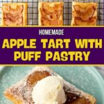 Apple tarts made with puff pastry, displayed on a cooling rack; one tart served on a plate with a scoop of vanilla ice cream.