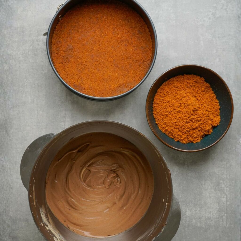 Overhead view of a bowl with chocolate batter, a pan with a crumb crust, and a bowl of Biscoff cracker crumbs on a gray surface.