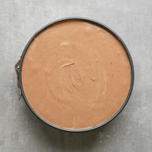 A round pan filled with smooth, light brown batter, viewed from above, on a gray surface.